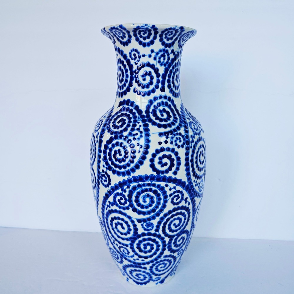 Vintage Blue and White Swirl Hand Painted Ceramic Vase 12.5" Artisan Home Decor
